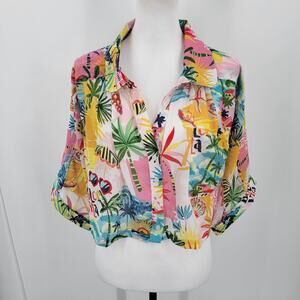 Violet Sky Crop Top Womens XL Colorful Tropical Button Up Dolman Sleeves Sheer